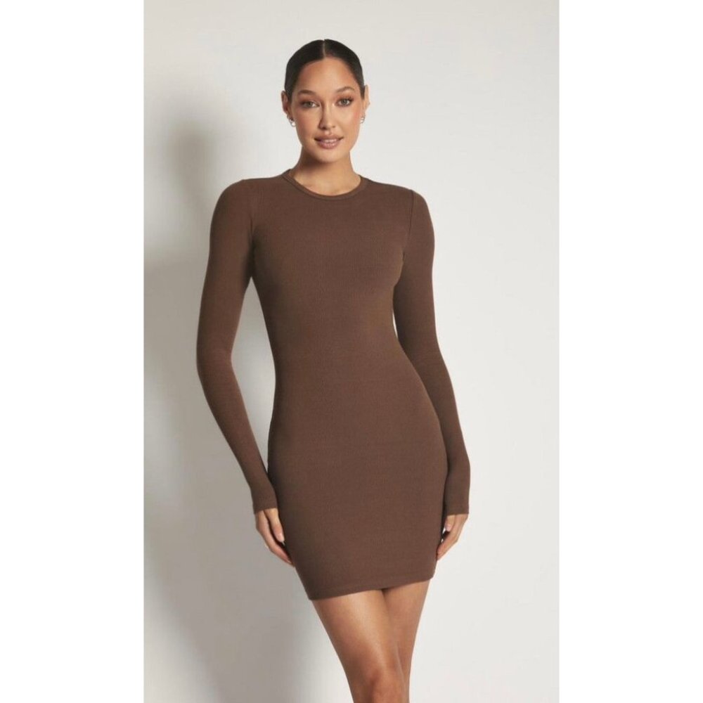 Meshki Vivienne Ribbed Long Sleeve Mini Dress - Chocolate
